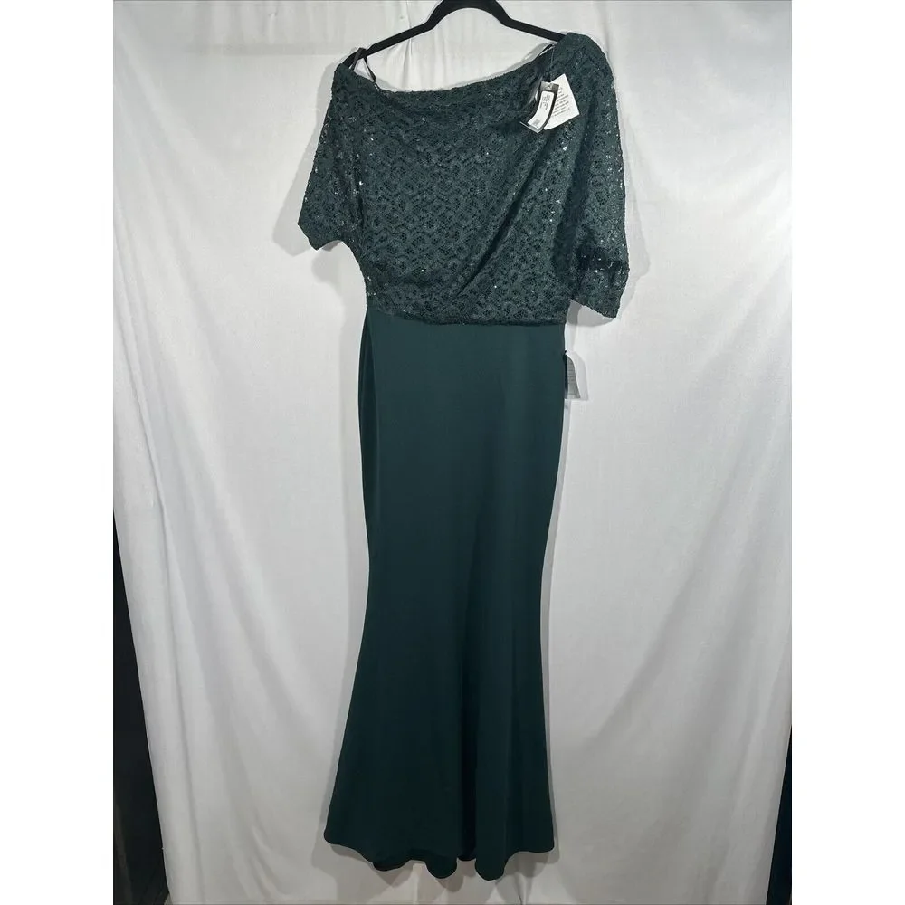 NWT $269 Betsy & Adam [ 8 ] One-Shoulder Sequin Lace Mixed Media Gown Pine Green